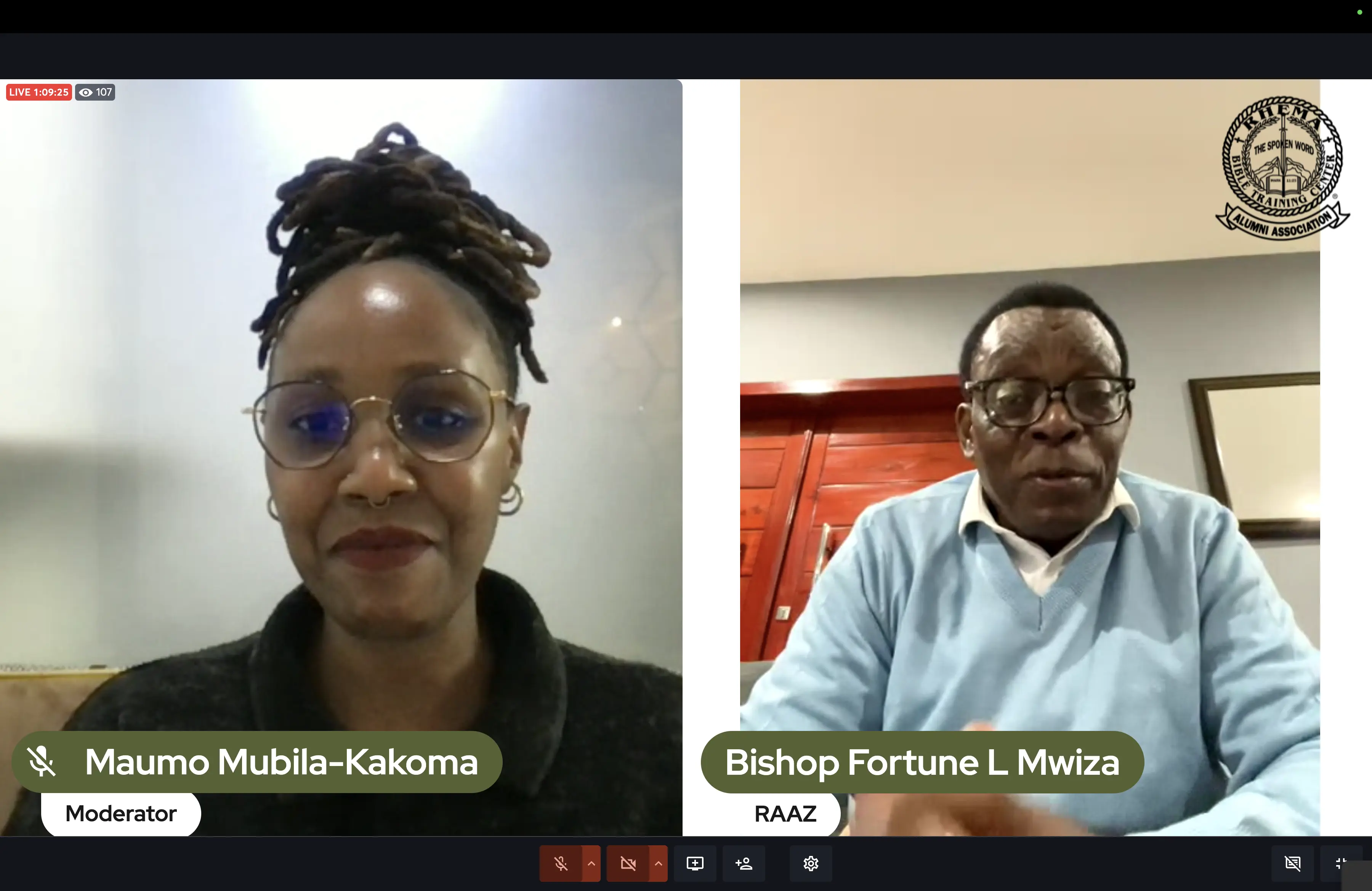 Maumo Mubila-Kakoma in conversation with Bishop Fortune Lubina Mwiza during the RAAZ Mental Wellness Webinar