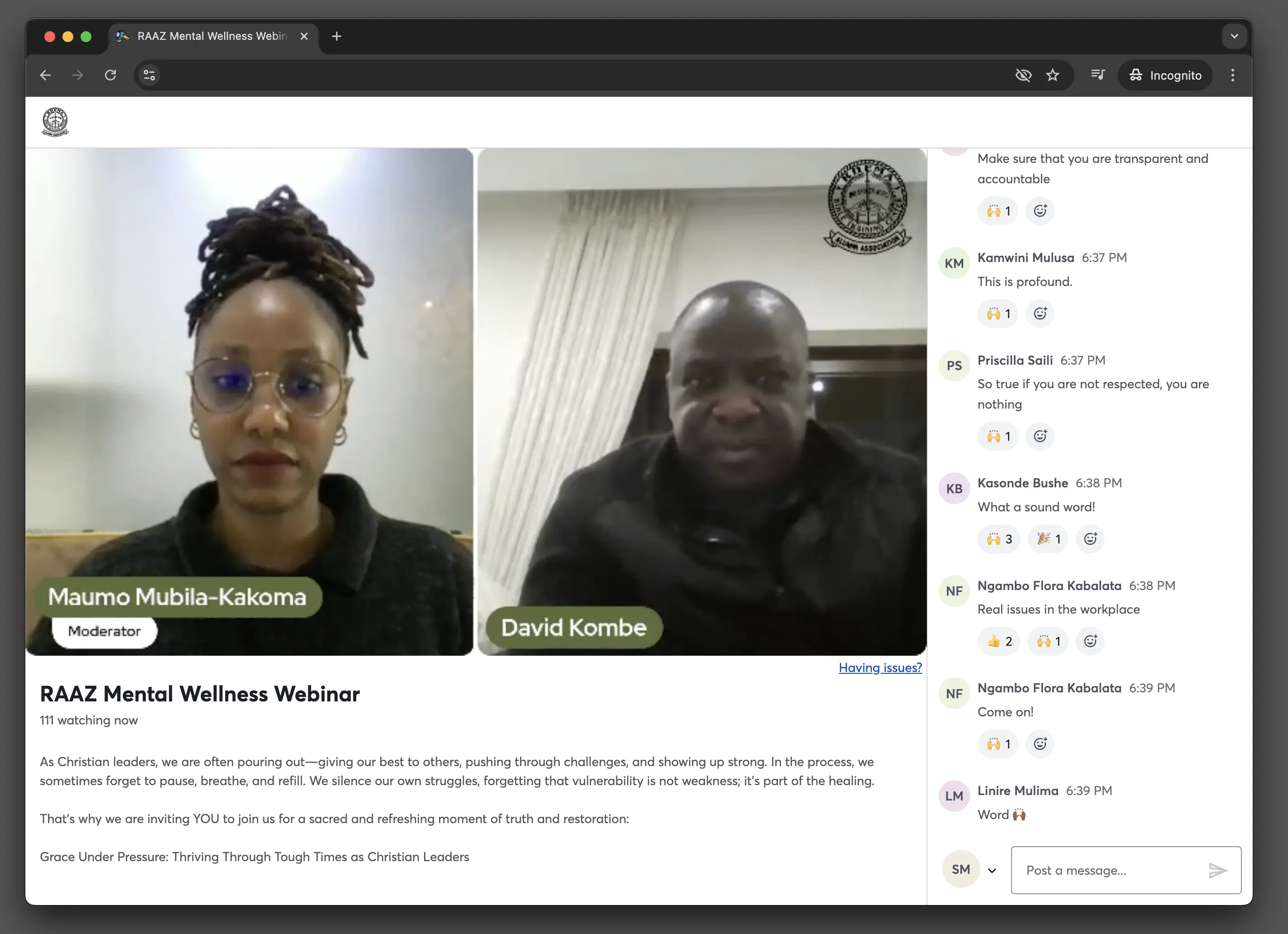 Maumo Mubila-Kakoma in conversation with Dr David Kombe at the RAAZ Mental Wellness Webinar